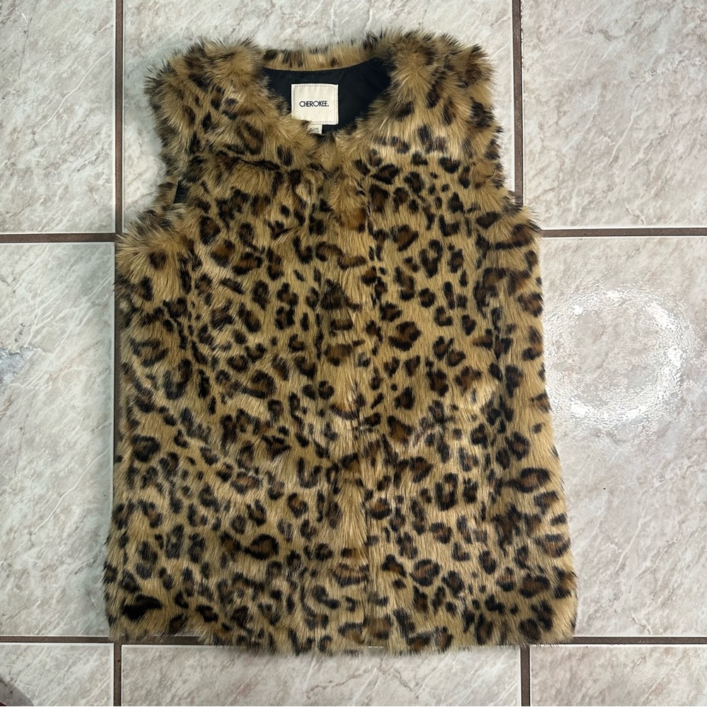 Y2K Girls Cherokee Leopard Print Faux Fur Vest